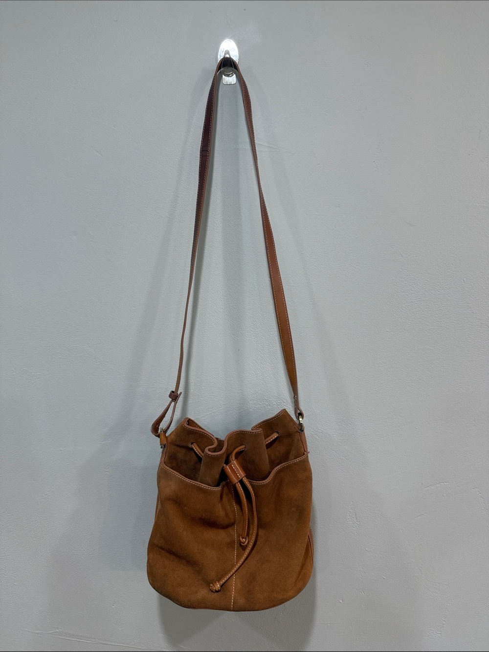 J. McLaughli Suede Leather Drawstring Hobo Bucket Brown Crossbody Bag Purse